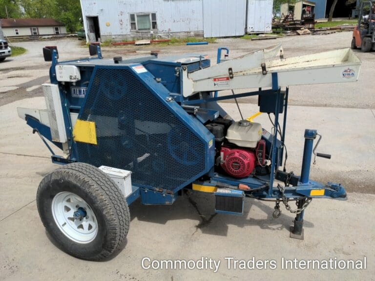A blue utility trailer with a large tire.