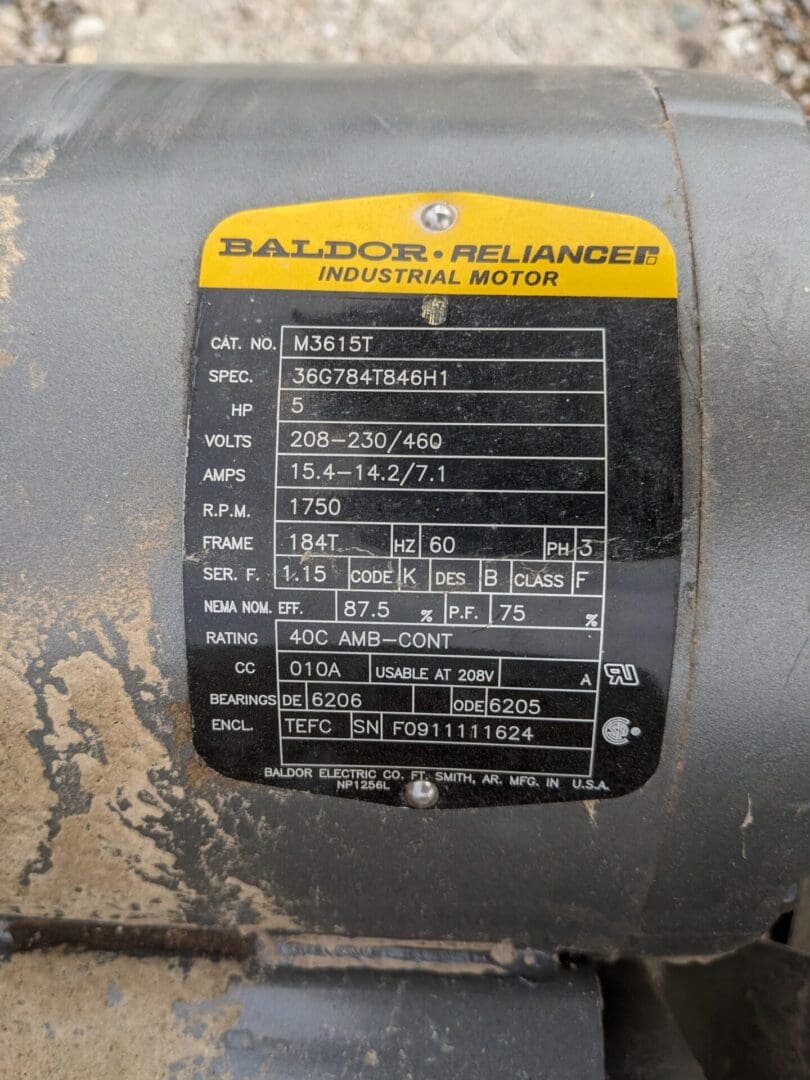 A close up of the motor with the label