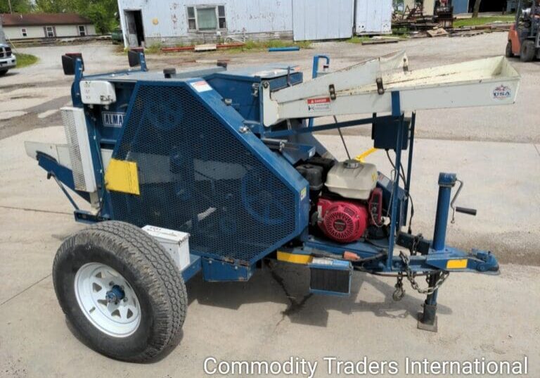 A blue utility trailer with a large tire.